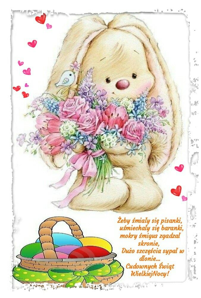 Króliczek z kwiatami i życzeniami